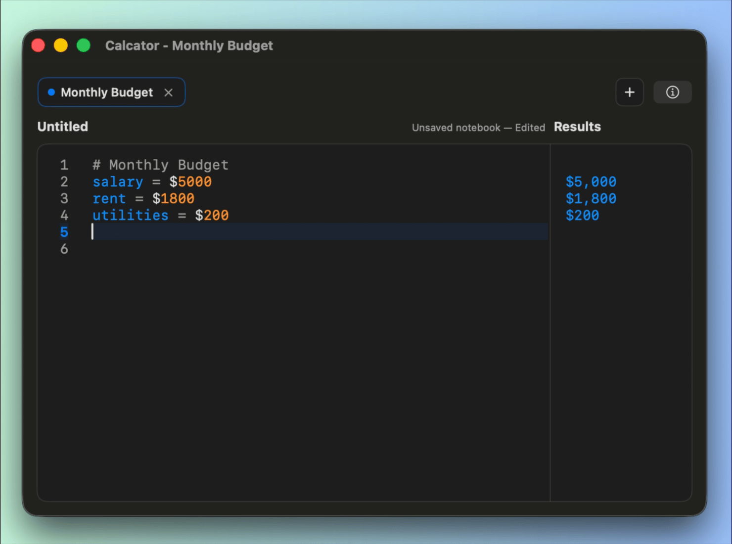 Calcator app interface in dark mode