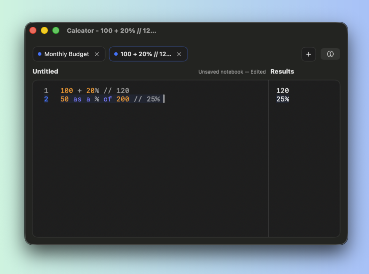 Percentages feature in dark mode