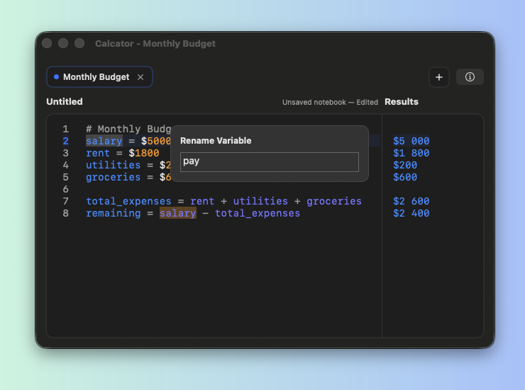 Variable renaming feature in dark mode